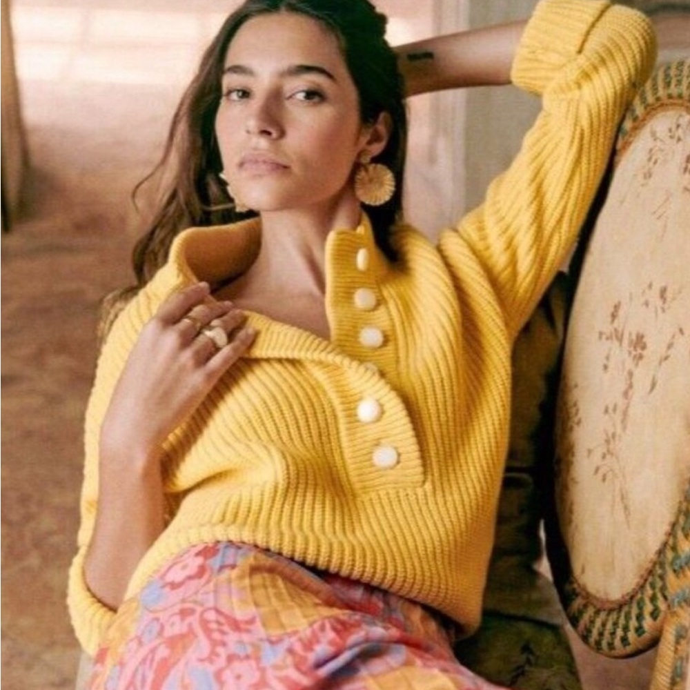 Sezane  Lucas Yellow Jumper Cotton Wool Button Sweater WORN ONCE Size M